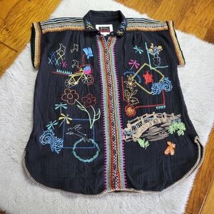 Johnny Was Biya Dionne Embroidered Gauze Blouse Button Up Top Women's Small